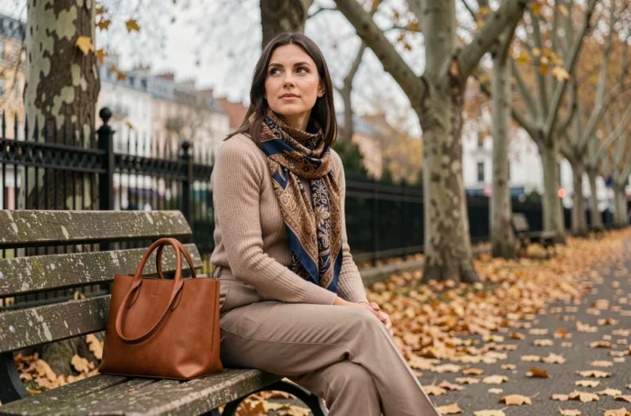 Femme élégante nouant un foulard en soie dans un parc urbain en automne avec un sac en cuir et des feuilles dorées au sol