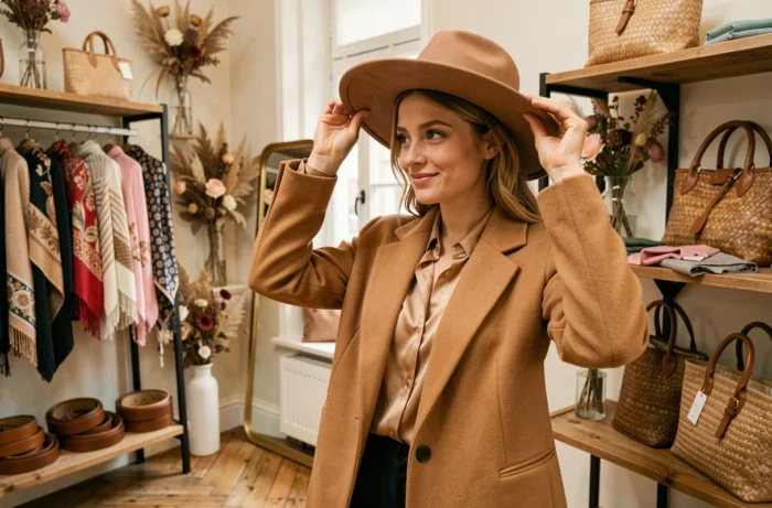 Jeune femme en manteau camel essayant un chapeau à large bord dans une boutique d'accessoires parisienne entourée de foulards et sacs en cuir