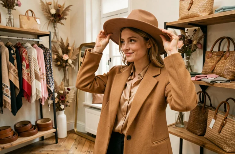 Jeune femme en manteau camel essayant un chapeau à large bord dans une boutique d'accessoires parisienne entourée de foulards et sacs en cuir