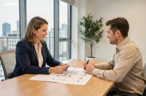 Conseillère immobilière accompagnant un couple dans leur projet d'achat immobilier autour de plans architecturaux en agence