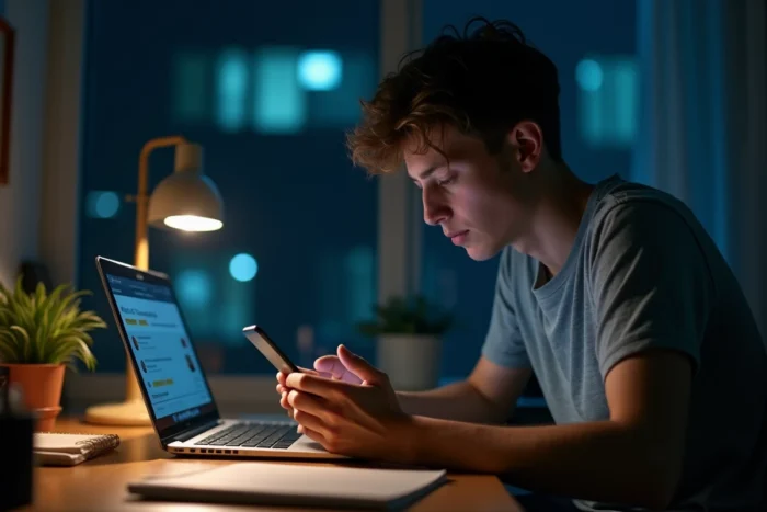 Adolescent consultant son score Snapchat la nuit sur son téléphone assis à son bureau d'étudiant
