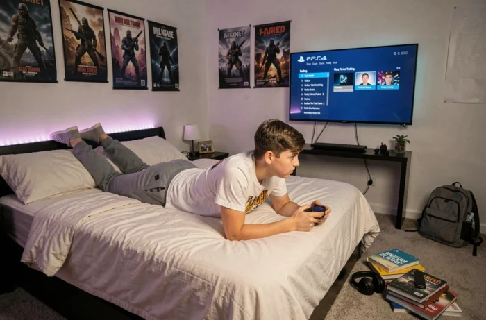 Adolescent allongé sur son lit consultant le menu de temps de jeu de sa PS4