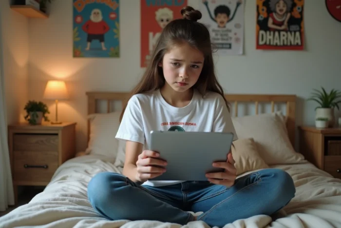 Adolescente déçue regardant une page web inaccessible sur sa tablette dans sa chambre décorée de posters de manga