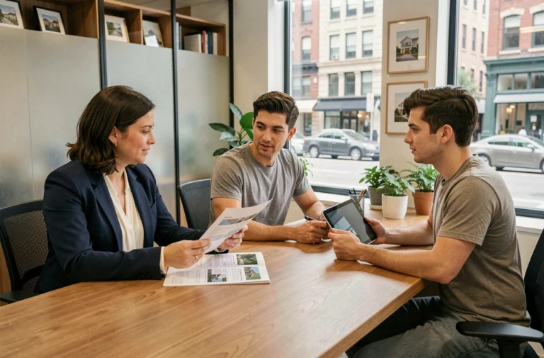 Agent immobilière présentant des offres de location à un couple dans une agence immobilière moderne