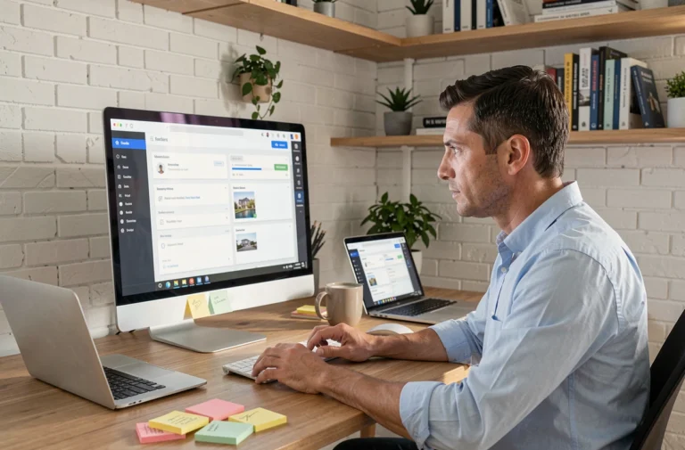 Agent immobilier utilisant un logiciel open source sur ordinateur pour gérer ses biens