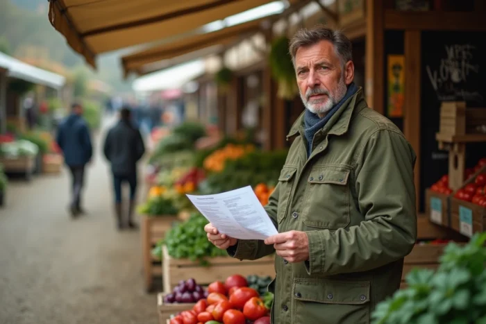 Agriculteur consultant un formulaire officiel MSA ou URSSAF devant son étal de légumes sur un marché rural français