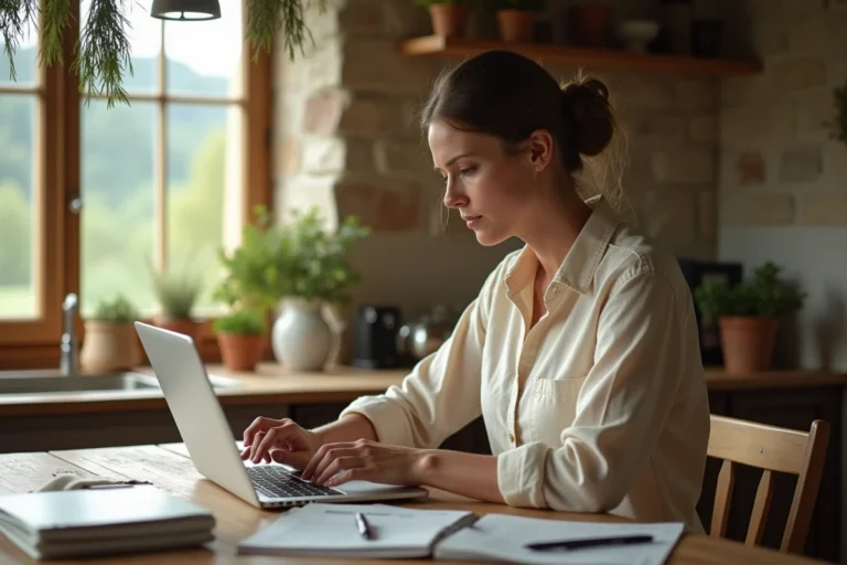 Femme agricultrice examinant des documents administratifs pour sa micro-entreprise agricole à une table en bois dans une cuisine rurale