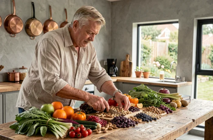 Homme d'une cinquantaine d'années préparant un repas vegan équilibré dans une cuisine moderne avec légumes frais et légumineuses