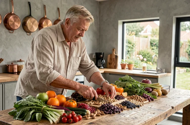 Homme d'une cinquantaine d'années préparant un repas vegan équilibré dans une cuisine moderne avec légumes frais et légumineuses
