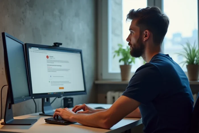 Homme recherchant des alternatives à un site de scans manga indisponible sur un double écran de bureau à domicile