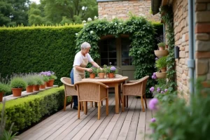 Femme aménageant une terrasse en bois avec table en rotin, haies de buis taillées et jardinières de géraniums dans un jardin méditerranéen