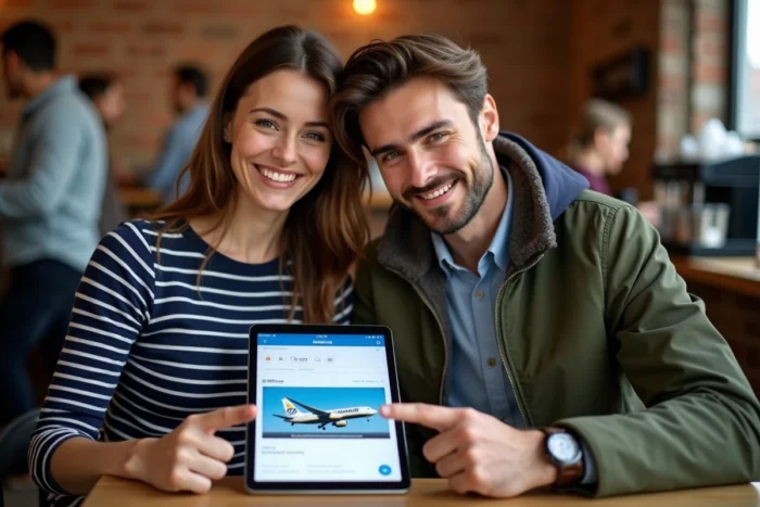 Deux amis comparant des billets d'avion Ryanair à prix réduit sur une tablette dans un café
