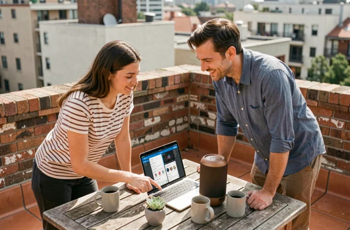 Deux amis connectant des enceintes Bluetooth en extérieur sur une terrasse urbaine avec une application de jumelage audio