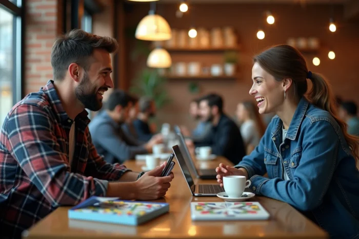 Deux amis passionnés de culture geek discutant de jeux de société et d'actualités tech autour d'un café en ville