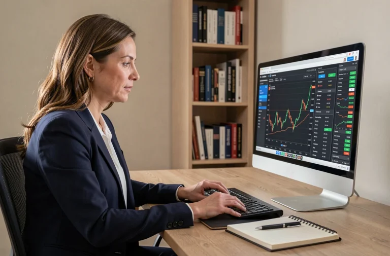 Femme professionnelle analysant des graphiques boursiers sur une plateforme de conseils en ligne depuis son bureau à domicile