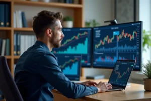 Homme analysant des graphiques boursiers sur un grand écran dans un bureau moderne à domicile