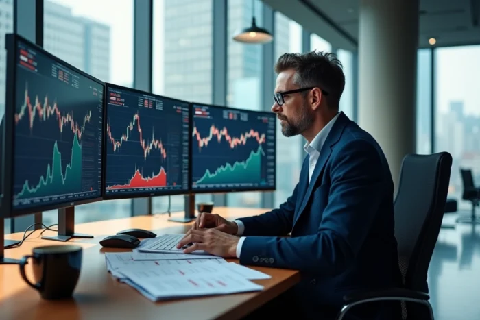 Analyste financier masculin étudiant des données boursières sur plusieurs écrans dans un bureau moderne de trading européen, illustrant la réglementation MIF 2