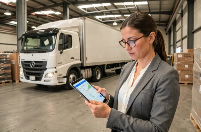 Analyste transport saisissant des données de kilométrage et de coûts de maintenance sur tablette dans un entrepôt logistique