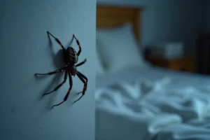 Araignée domestique sur un mur blanc de chambre à coucher la nuit, vue en gros plan macro réaliste