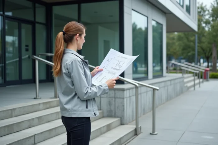 Femme architecte consultant un plan technique de rampe d'accès en béton avec calcul de pente en degrés