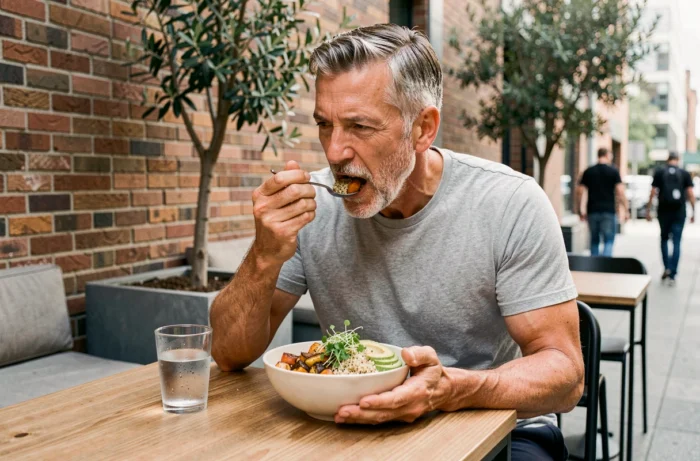 Homme sportif dégustant un bol vegan coloré en terrasse de café urbain, illustrant un mode de vie sain et conscient