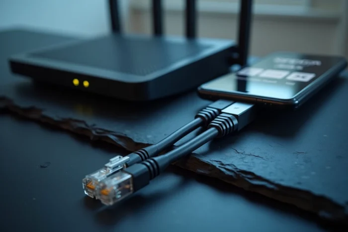 Comparaison câble fibre optique et câble ethernet posés près d'un routeur wifi avec test de débit sur smartphone