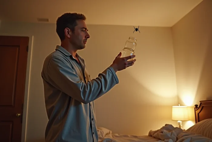 Personne en pyjama qui capture une araignée au plafond de sa chambre avec un verre la nuit