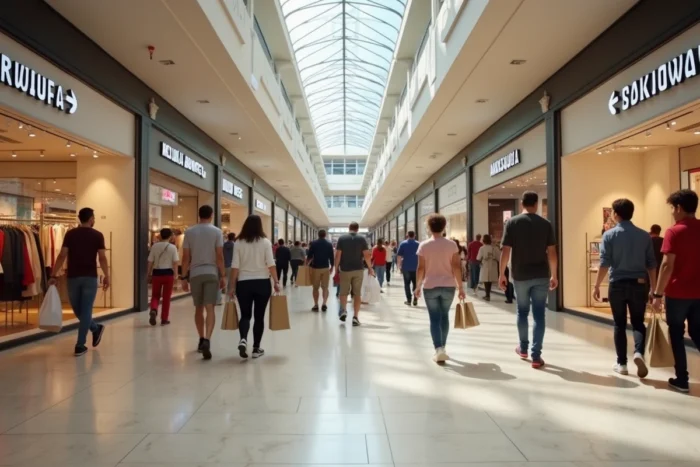 Intérieur d'un centre commercial de Marseille avec des boutiques ouvertes le dimanche et des clients qui font leurs achats