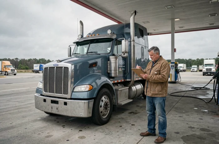 Chauffeur de camion notant la consommation de carburant lors d'un arrêt à une station de poids lourds pour estimer le coût kilométrique