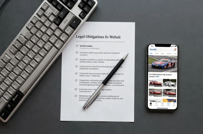 Vue en plongée des documents et outils numériques pour les obligations légales d'un site web mécanique