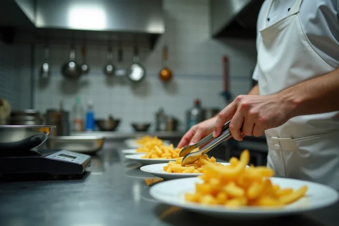 Cuisinier professionnel en tablier blanc répartissant des frites en portions égales sur des assiettes individuelles avec une balance de cuisine