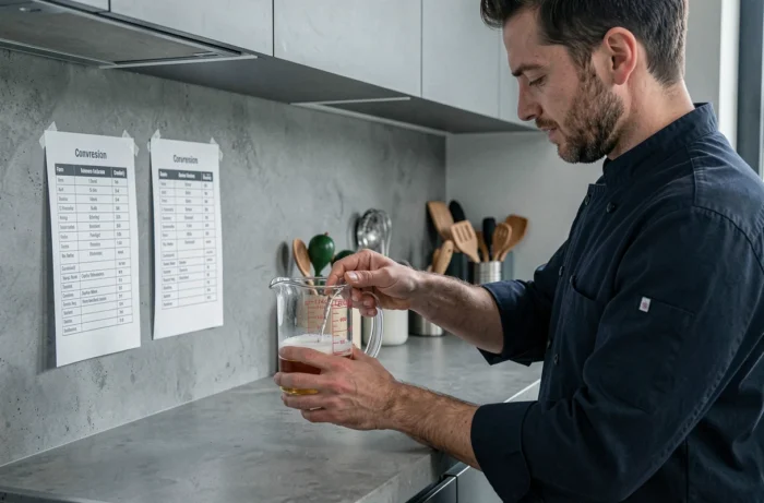 Homme en veste de chef versant un liquide dans un verre doseur tout en consultant un tableau de conversion des mesures en cuisine moderne