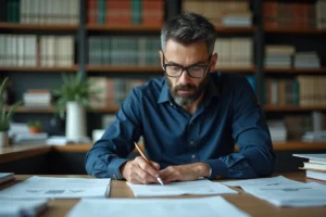 Chercheur CNRS examinant des documents de salaire dans son bureau scientifique