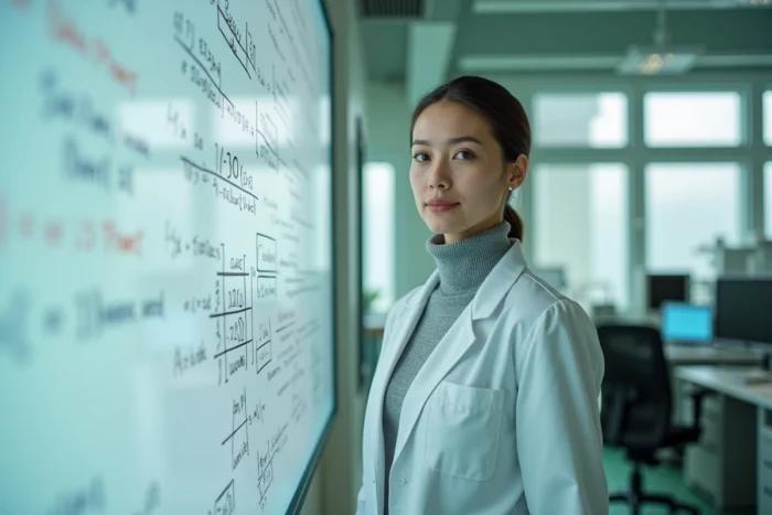Chercheuse CNRS en blouse blanche dans un laboratoire universitaire avec des calculs au tableau
