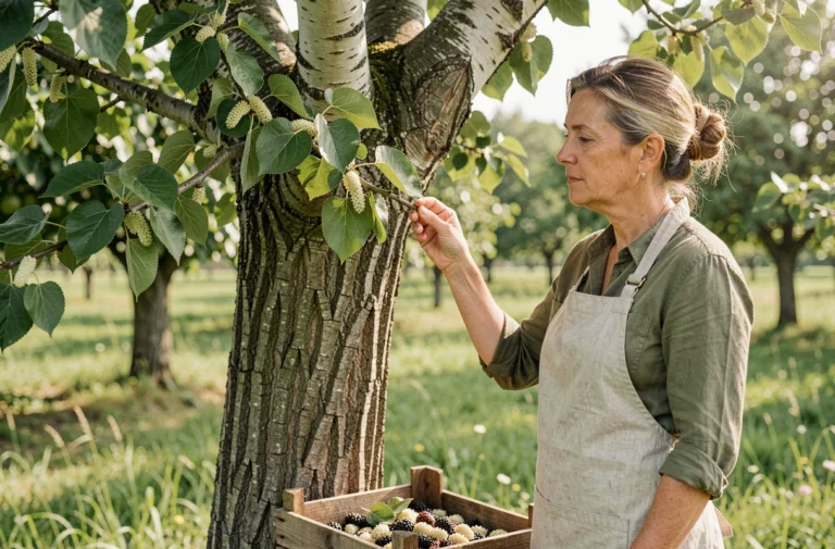 Femme examinant un arbre mûrier platane en verger pour évaluer la qualité de ses fruits comestibles