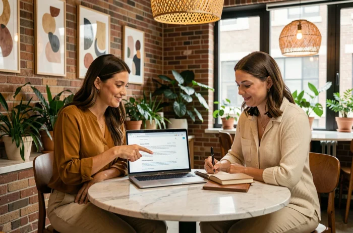 Deux femmes collaborant sur les mentions légales d'un site de décoration intérieure dans un espace de coworking créatif