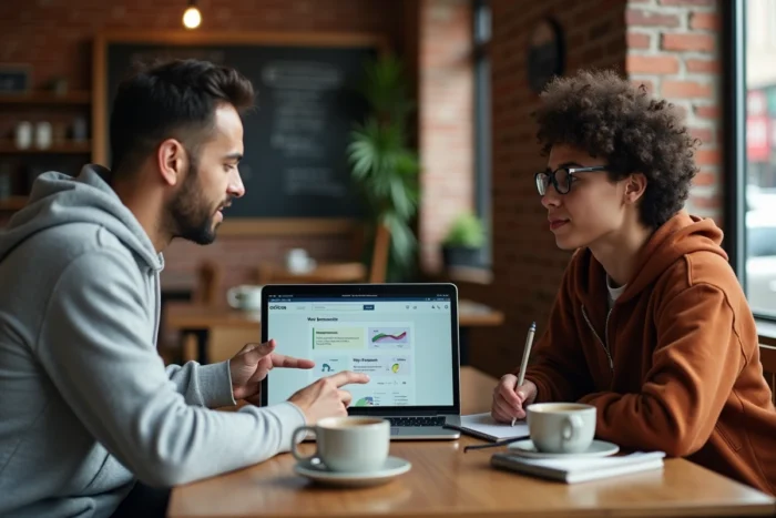 Deux personnes collaborant autour de ressources web sur un ordinateur portable dans un café urbain