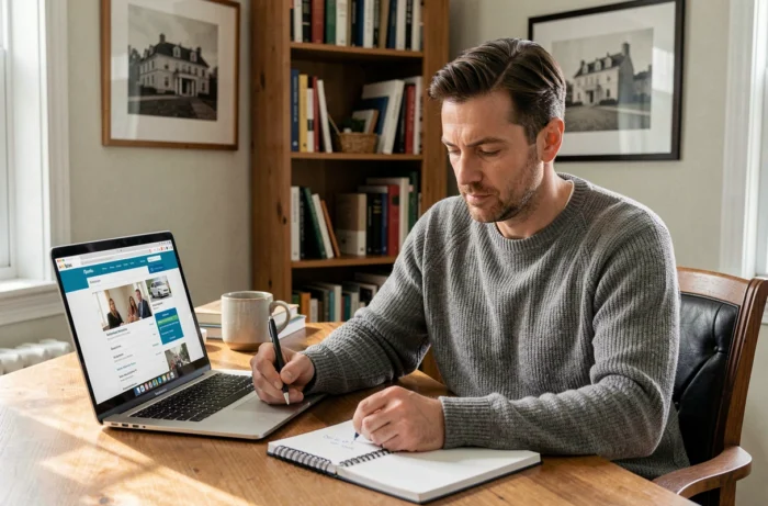 Homme comparant des offres d'assurance emprunteur sur ordinateur portable dans un bureau à domicile