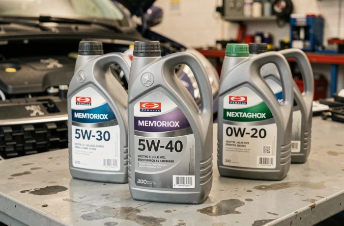 Comparaison de plusieurs flacons d'huile moteur de différentes viscosités posés sur un établi de garage avec une Peugeot 2008 en arrière-plan flou