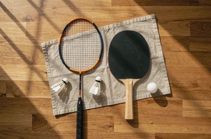 Vue aérienne comparant une raquette de badminton et une raquette de ping-pong posées côte à côte sur un parquet en bois