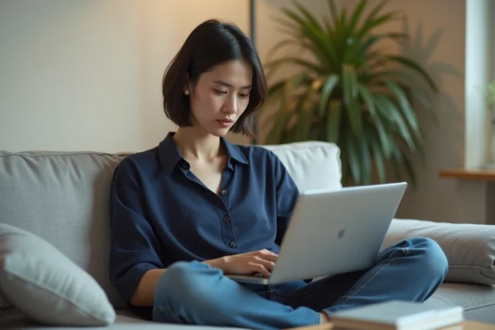 Femme comparant la vitesse wifi et fibre sur un ordinateur portable dans un salon moderne