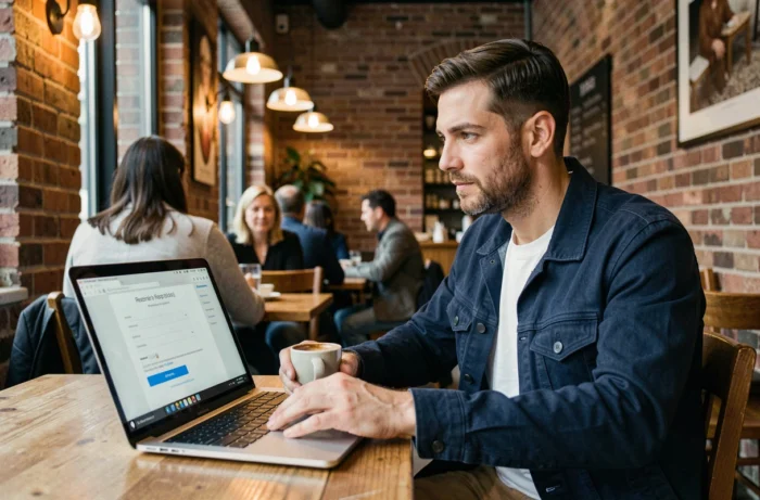 Homme configurant un profil Instagram anonyme sur son ordinateur portable dans un café