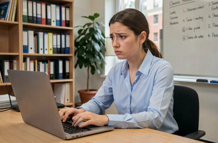 Femme enseignante face à un écran d'ordinateur portable affichant un message d'erreur sur son compte webmel académique