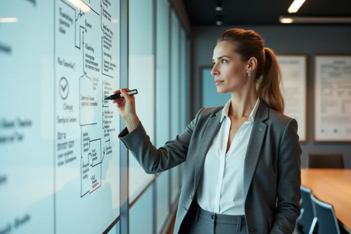 Responsable conformité féminine présentant des schémas réglementaires liés à la directive MIF 2 sur un tableau de verre dans une salle de réunion professionnelle