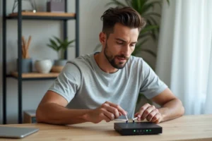 Homme connectant un câble fibre optique à un routeur internet dans un bureau à domicile moderne