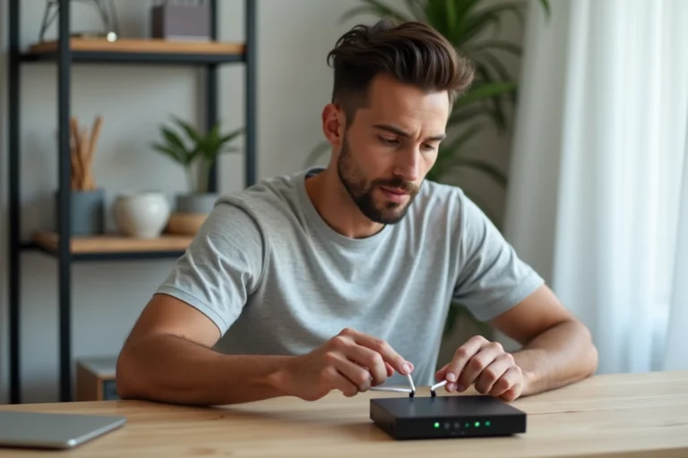 Homme connectant un câble fibre optique à un routeur internet dans un bureau à domicile moderne