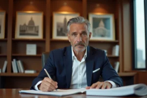 Un conseiller financier en costume marine examine des documents de crédit patrimoniaux dans un bureau bancaire élégant