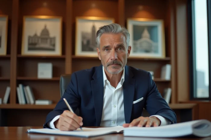 Un conseiller financier en costume marine examine des documents de crédit patrimoniaux dans un bureau bancaire élégant