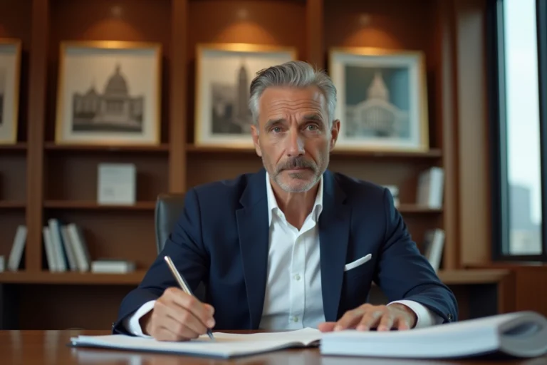 Un conseiller financier en costume marine examine des documents de crédit patrimoniaux dans un bureau bancaire élégant