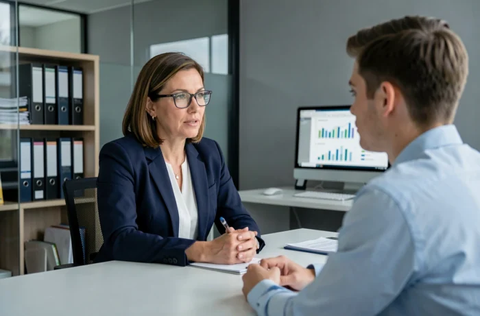 Conseillère en assurance expliquant les garanties d'un prêt immobilier à un client dans un bureau